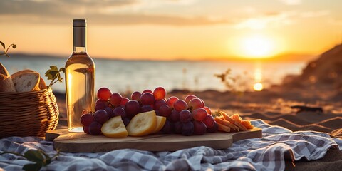 Beautiful summer romantic picnic at sunset on sand beach. Bottles of red and white wine, baguete, cheese, grapes and fresh fruits on napkin on wooden board on blurred seascape.