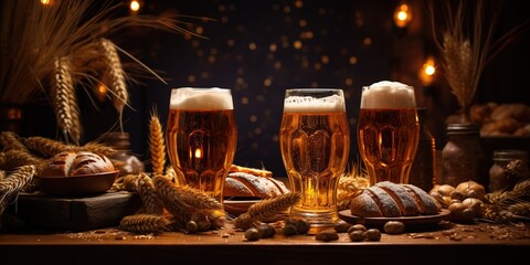 Beer party in the local pub. Food composition with bottles of cold, homemade, light and dark, unfiltered beer, ears of wheat in the empty glass and twinkling lights on a brown background