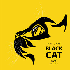 National Black Cat Day on october 27, With concept a black cat head vector illustration and text isolated on yellow background for commemorate and celebrate National Black Cat Day.