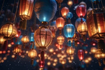 Naklejka premium Hanging Chinese lanterns in the night. Hanging lanterns in the night sky, Chiang Mai, Thailand
