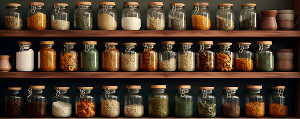 Storage shelf with glasses and jars of ingredients, herbs and spices - obrazy, fototapety, plakaty