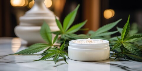 Cannabis face cream jar on marble table close up - obrazy, fototapety, plakaty