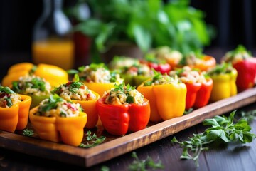 stuffed bell peppers decorated with fresh herbs on a tray