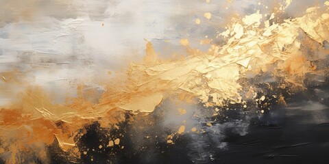 Closeup of abstract rough gold black art painting texture, with oil acrylic brushstroke, pallet knife paint on canvas