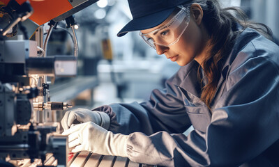 Young woman wearing safety glasses and work clothes in a mechanical workshop or industrial assembly line