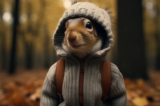 AI generated illustration of a squirrel wearing a sweater in a forest