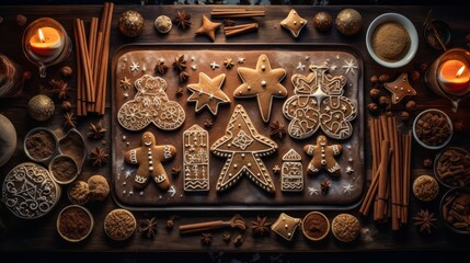 Raw Christmas gingerbread cookie dough shaped for the holiday season. Christmas gingerbread cookies cooking. Horizontal banking background for web. Photo AI Generated