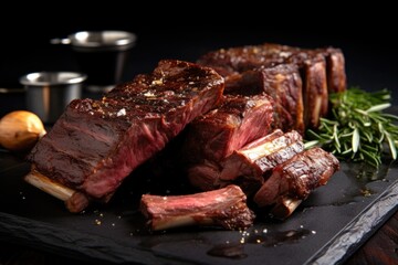 bbq beef ribs on a black tabletop with a glossy sheen