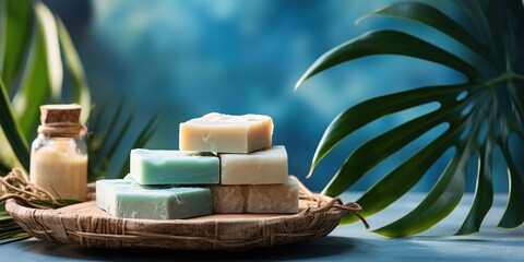 Eco friendly, bath composition with organic, vegan soap. Bars of natural soap or dry shampoo on a...