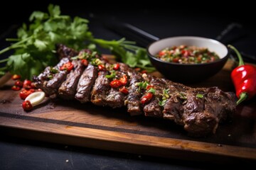bbq beef ribs served with crispy chilli pepper and coriander
