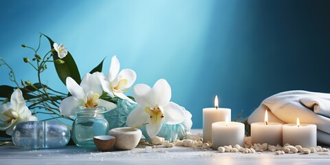 Eco friendly spa relax composition with mockup of natural beauty products, candle and spa...