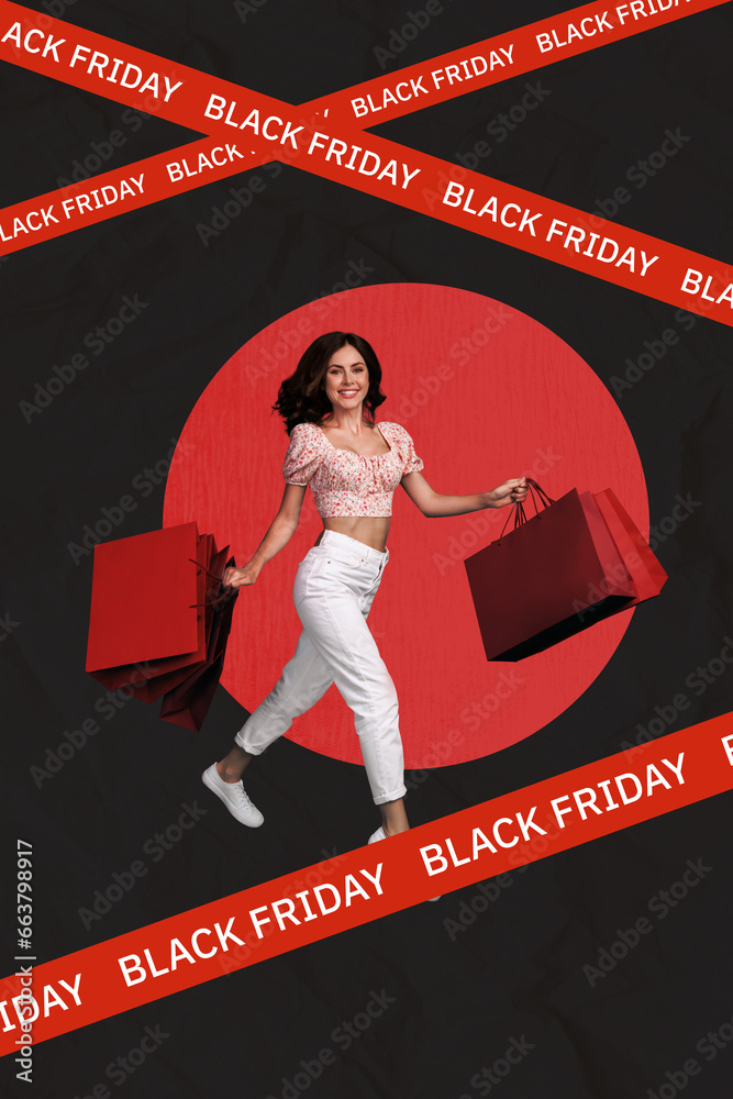 Sticker Female customer shopaholic at black friday sales billboard collage modern design girl bring red clothes bags isolated on gray background