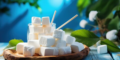 Food composition with white marshmallow on wooden sticks and palm leaves on a blue background with copy space. Summer vacation banner with traditional testy snacks for American open air picnic - obrazy, fototapety, plakaty