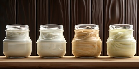 Four jars of different types of cream on a wooden shelf.