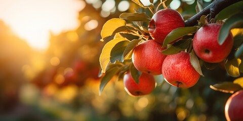 Fruit farm with apple trees. Branch with natural apples on blurred background of apple orchard in golden hour. - obrazy, fototapety, plakaty