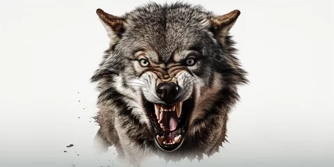 Rolgordijnen Front view of ferocious looking Wolf animal looking at the camera with mouth open isolated on a transparent background © Svitlana