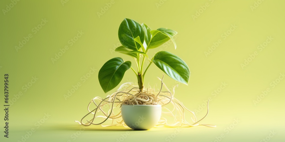 Wall mural illustration of small fresh green plant made with white cables representing concept of environmental