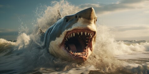 Huge angry shark on the seashore.
