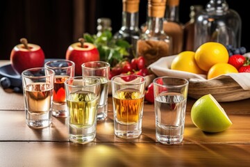 austrian schnapps in shot glasses with fruit - obrazy, fototapety, plakaty
