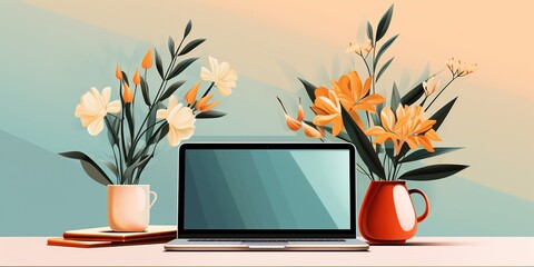 Illustration of a modern laptop on a sleek desk with a decorative vase with flowers