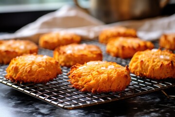 sweet potato biscuits cooling on a wire rack - obrazy, fototapety, plakaty