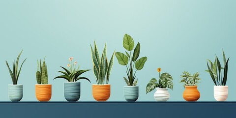 Illustration of houseplants in pots standing in a row on an empty blue background with space for text.
