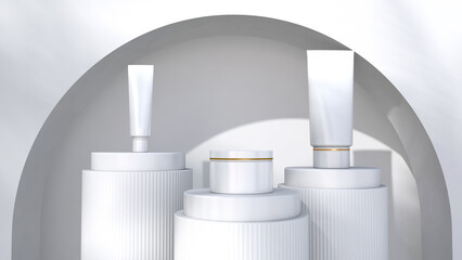 Cosmetics displayed on the podium. 3D illustration, 3D rendering	