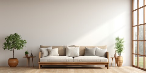 Fototapeta na wymiar Interior living room wall mockup with light grey, brown and wood sofa and decor on white background.