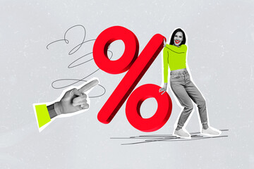 Creative composite illustration abstract photo collage of satisfied woman pull red percent big sale...
