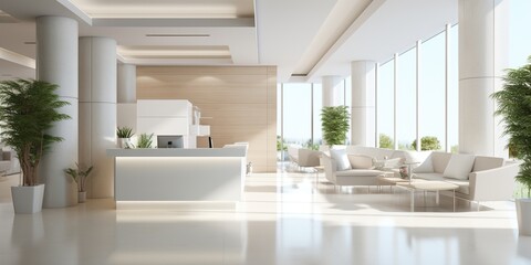 Minimalist white colored reception of modern medical office hospital interior mock up