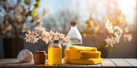 Mock up of organic cleaning products for house cleaning with sponges on a cooking panel with spring flowers. Eco friendly spring cleaning. Soft image and soft focus style. Mock up - obrazy, fototapety, plakaty