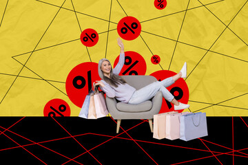 Creative graphics collage painting of carefree smiling lady enjoying black friday shopping isolated...