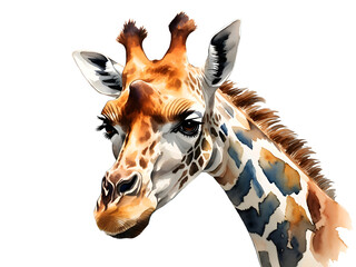 Watercolor illustration of a face of a giraffe, 2d watercolor illustration isolated in transparent background 