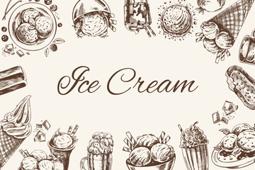 Vintage monochrome ice cream template, hand-drawn. The concept of dessert, a sweet dish in a vintage doodle style. A template with an empty space in the center in the form of an oval.