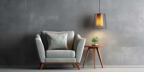 Modern minimalist design against a gray wall. Living room interior. Armchair with a floor lamp against the wall.