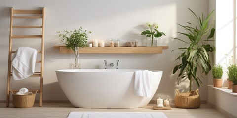 Modern sustainable white bathroom interior with bathtub, bath accessories and white towel on wooden shelf with potted plants. Eco friendly bathroom interior. - obrazy, fototapety, plakaty