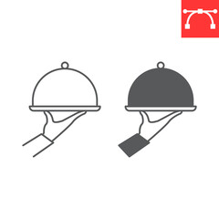 Serving food line and glyph icon, dinner and hotel services, hand holding cloche serving plate vector icon, vector graphics, editable stroke outline sign, eps 10.