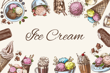 Vintage color ice cream template, hand-drawn. The concept of dessert, a sweet dish in a vintage doodle style. A template with an empty space in the center in the form of an oval.