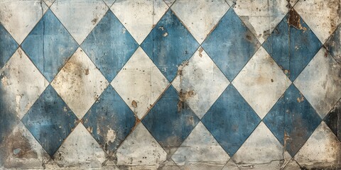 Old blue white rusty vintage worn shabby patchwork checkered chess chessboard lozenge diamond rue motif tiles stone concrete cement wall texture background banner - obrazy, fototapety, plakaty
