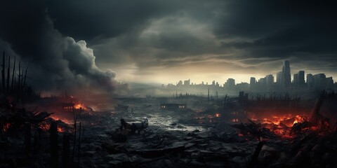 Panoramic view to the destroyed city after the war. Dramatic scene of the Bombed out, burning and fuming city. Human suffering and war. Ruined, deserted city after war with dark clouds - obrazy, fototapety, plakaty