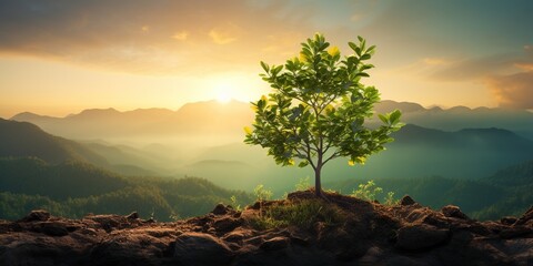 Panorama small tree growing with sunrise. green world and earth day concept