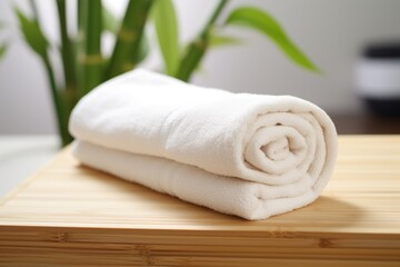 a clean towel rolled up at the edge of a bamboo bathmat
