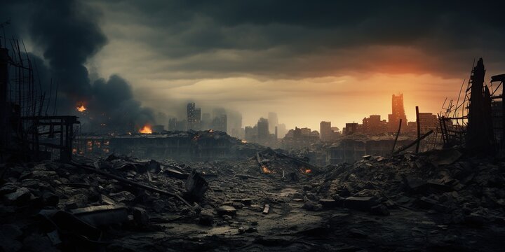 Panoramic view to the destroyed city after the war. Dramatic scene of the Bombed out, burning and fuming city. Human suffering and war. Ruined, deserted city after war with dark clouds