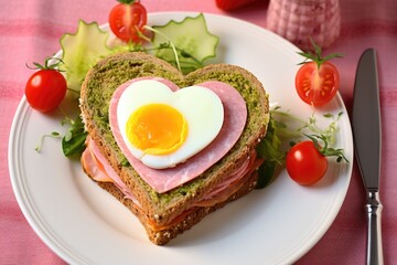 Fototapeta na wymiar sandwich trimmed into heart-shape on a pastel plate