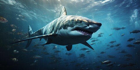 Shark swims on the surface of the sea. - obrazy, fototapety, plakaty