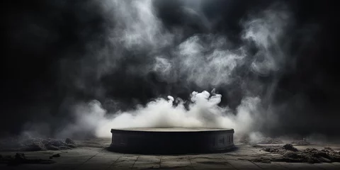 Papier Peint photo Fumée Storm in the dark. Smoke over the floor. Concrete platform podium with smoke