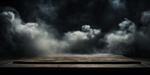Storm in the dark. Smoke over the floor. Concrete platform podium with smoke