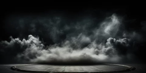 Tuinposter Storm in the dark. Smoke over the floor. Concrete platform podium with smoke © Svitlana