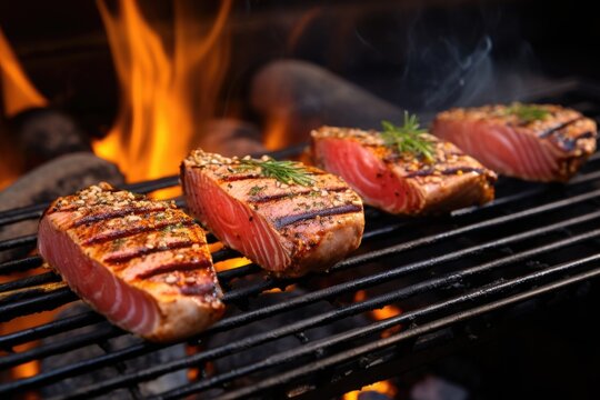 seared tuna steaks on a grill