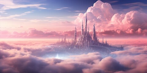 The landscape of the fairy - tale city of skyscrapers and tall buildings in pastel pink clouds. A...